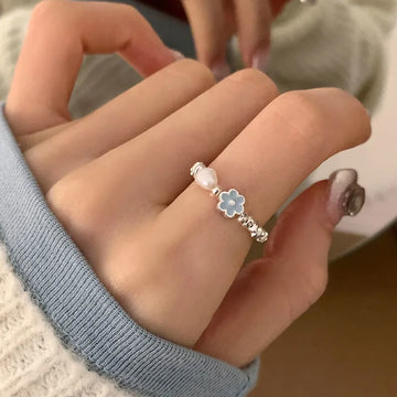 DAIIIBABYYY  -  Blue Drop Glaze Flower Pearl Rings For Women Girls Minimalist Sweet Cute Creative Temperament Elegant Birthday Jewelry